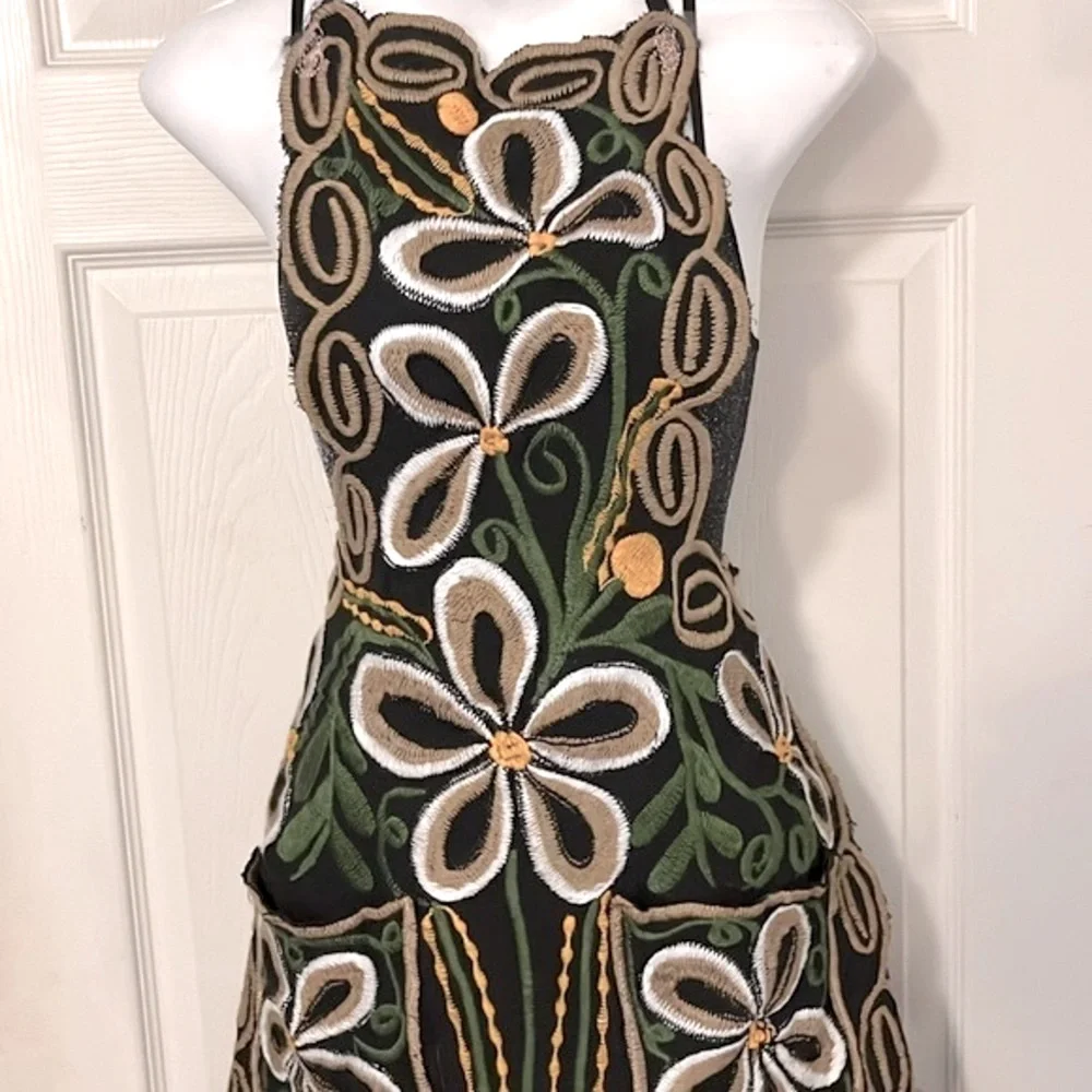 Bohemian Embroidered Green Gold Tan Black Floral Colorful Boho Apron